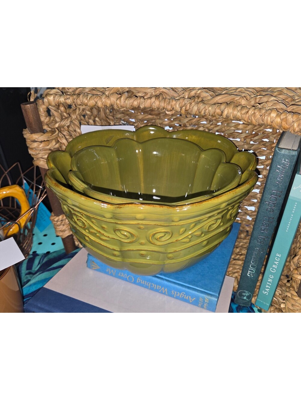 Set of 2 Stoneware Serving/Mixing Bowls by Home & Garden Party Chartreuse Olive